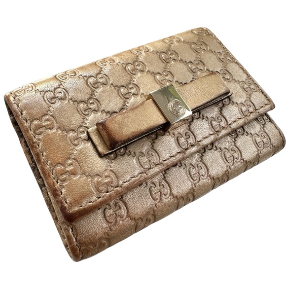 Authentic GUCCI Micro GG Bow Guccisima Champagne Gold Leather Card Key Holder - Picture 11 of 13